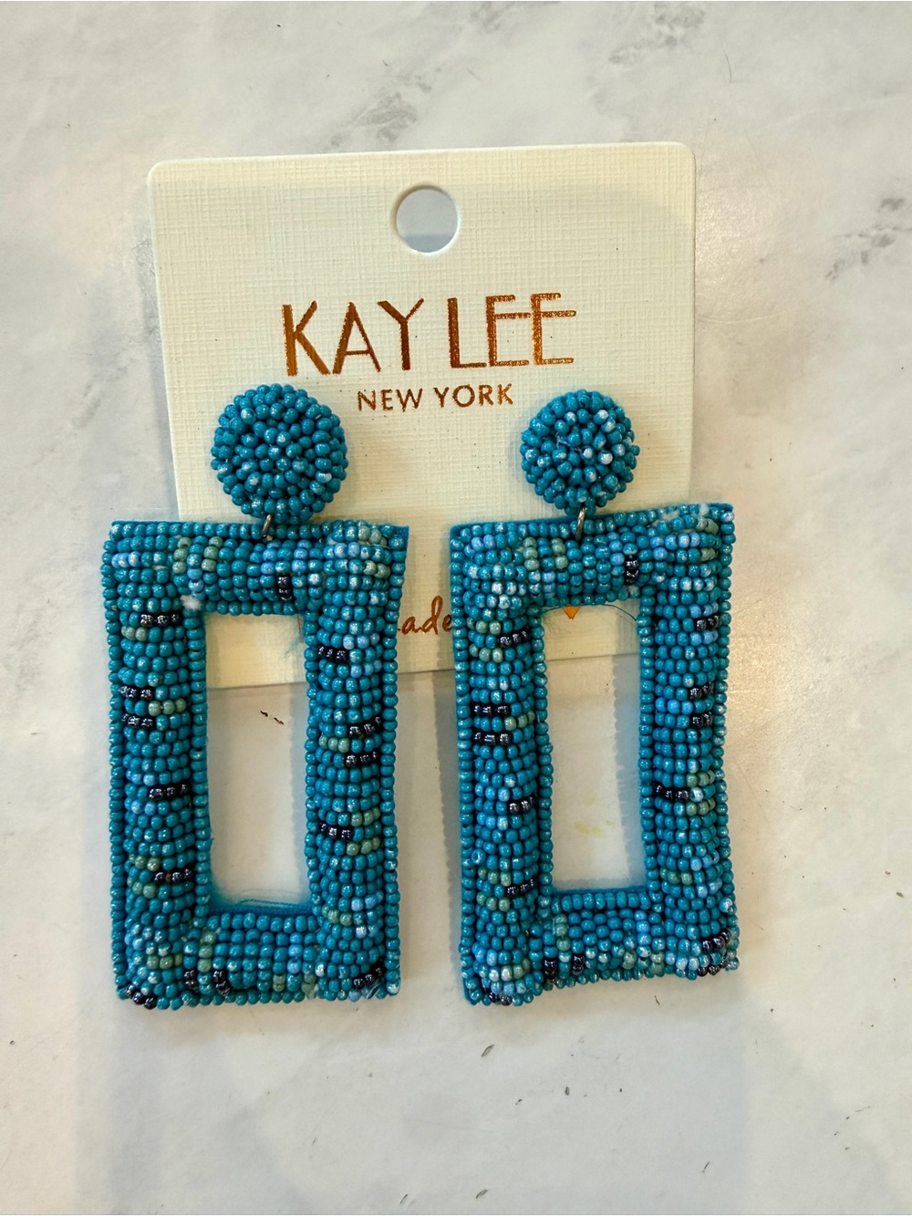NWT Kay Lee New York Turquoise Beaded Rectangle Statement Earrings